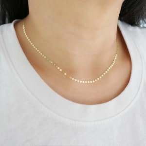 14k Gold Flat Shiny Disc Necklace, Dainty Gold Necklace, Solid Gold Baby Valentino Necklace, Simple Thin Gold Mirror Chain Link Bracelet