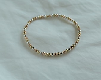 3mm Tricolor Beaded Bracelet, Gold Silver and Rose Gold Mixed Metal Alternating Bead Bracelet, Trio Metal Interchanging Bead Bracelet