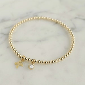 Initiële armband, armband met gouden kralenletter, gold filled bal eerste armband, sierlijke CZ armband, gouden letter armband, cadeau bruidsmeisjes