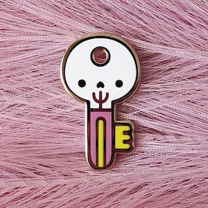 Skeleton Key Enamel Pin (PINK & YELLOW variation) - Spoopy Skull Enamel Pin - Creepy Cute Enamel Pin - Kawaii Key Enamel Pin - Witchy Pin