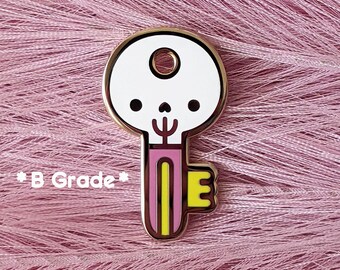 SECONDS - B Grade Enamel Pin - Skeleton Key Enamel Pin (PINK & YELLOW variation) - Spoopy Skull Enamel Pin - Creepy Cute Enamel Pin