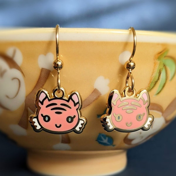 Floof-face Tiger Earrings (22k Gold-Plated) - Dainty Earrings - Charming Gold Earrings - Year of the Tiger Dangle Earrings - Pastel Earrings