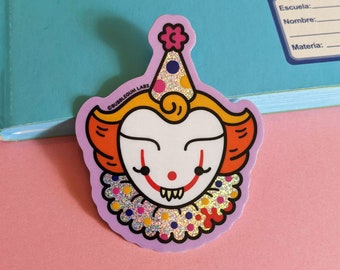 Creepy Cute Birthday Clown (Holographic Glitter Vinyl Sticker) - Iconic Villain Sticker - Kawaii Horror Movie Sticker - Water Bottle Sticker