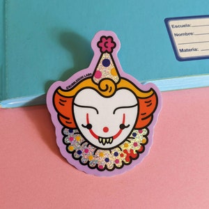 Creepy Cute Birthday Clown (Holographic Glitter Vinyl Sticker) - Iconic Villain Sticker - Kawaii Horror Movie Sticker - Water Bottle Sticker