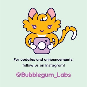 May include: A cartoon orange cat with pink ears and a white bow holds a purple camera with a white lens. The text below reads "For updates and announcements, follow us on Instagram! @Bubblegum_Labs"