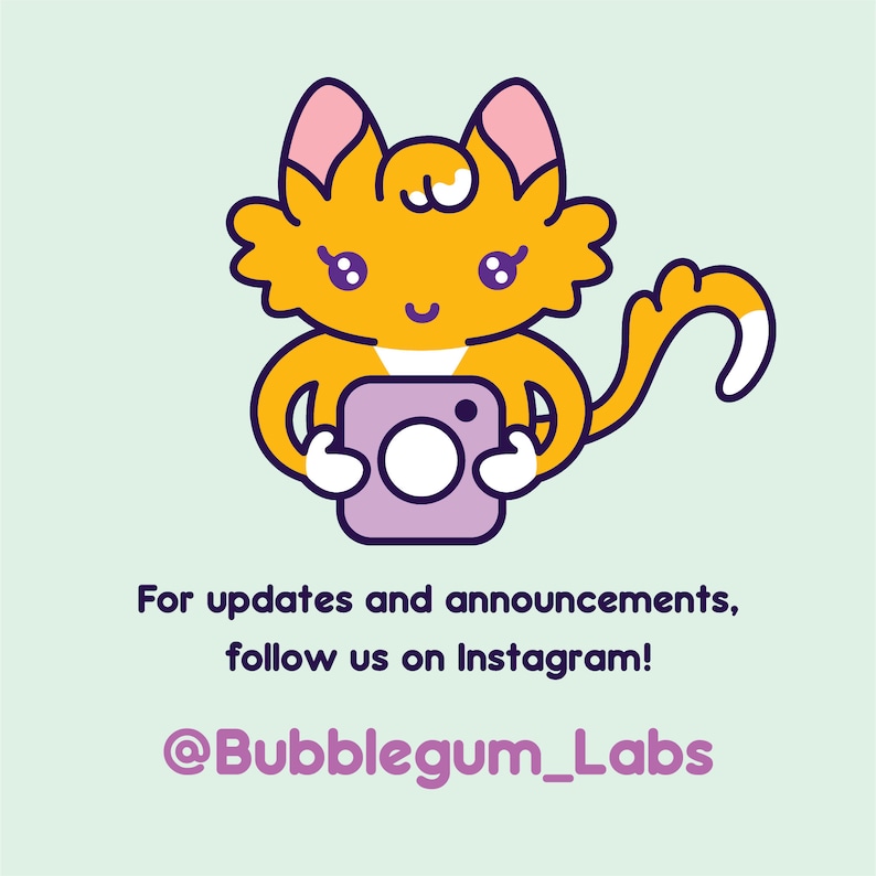 May include: A cartoon orange cat with pink ears and a white bow holds a purple camera with a white lens. The text below reads "For updates and announcements, follow us on Instagram! @Bubblegum_Labs"
