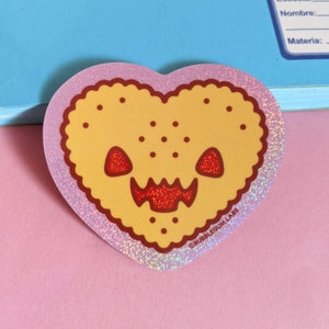 Devilish Jammie Dodger (Holographic Glitter Vinyl Sticker) - Valloween Sticker - Demonic Valentine Sticker - Ghoulish Heart Cookie Sticker