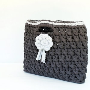 Dark Gray Laptop Woven Bag  / Small fashionable bag & White Flower Decor / knitted handbag