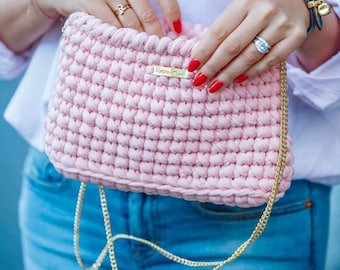 Pink Chain Bag / Crocheted Crossbody Bag / Shoulder Purse / Clutch With Chain