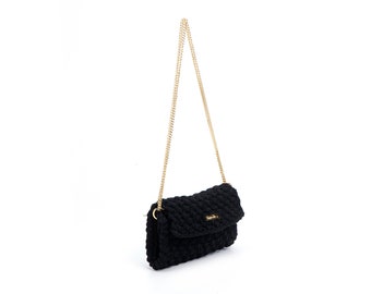 Modern Black Foldover Crossbody Bag / Textile bag Bag / Envelope bag / Chain Clutch Bag