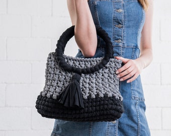 Gray and Black handbag / Round Handle elegant Bag / Woman Vegan Bag