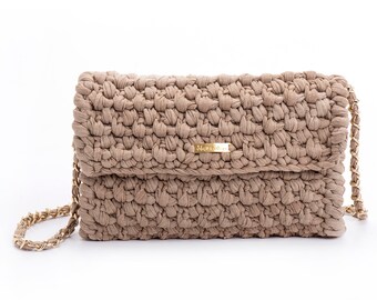 Nude Beige Foldover Crossbody Bag / Vegan clutch Bag / Golden Clutch bag / Envelope Clutch Bag / Clutch Bag Chain / Clutch & Crossbody