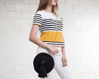Handmade Black Yarn Round Shape Crossbody Crochet Bag
