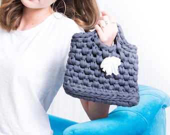 Purse Size Gray Cotton Knitted Handbag