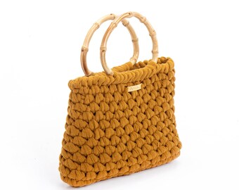 Mustard Yellow elegant Handbag / Bamboo Handles Bag / Fashionable boho chic bag / Non Leather Bag / Vegan Handbag