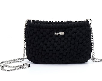 Black Yarn Crochet Bag/ Crossbody Chain Purse / Woman Gift Bag