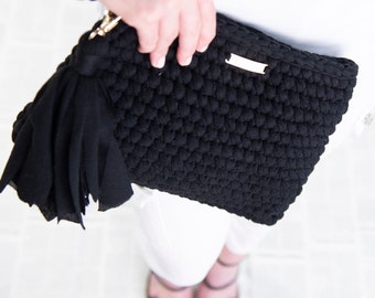 Small Black Crochet Clutch Purse Bag, Yarn Purse