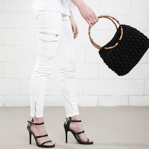 Bubble elegant Tote Black Yarn Bag With Round Bamboo Handles
