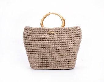 Camel elegant Handbag / Woven Bag / Handmade elegant Bag For Women / Non Leather Market Bag / Bambo Handles Bag