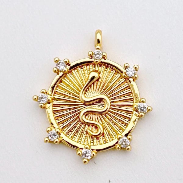 Snake Pendant Charm, 18k Gold Filled Dainty round Pendant Charm Cubic Zirconia Charm For Necklace DIY Jewelry Make