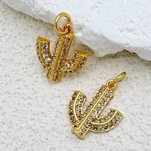 Gold Cactus Charm, 14K Gold Filled, CZ Micro Pave Desert Pendant, Dainty Plant Charm DIY Jewelry Making, Minimalist Necklace or Bracelet