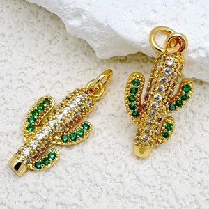 Cactus Charm, 14K Gold Filled, CZ Micro Pave Desert Plant Pendant, DIY Jewelry Making Supplies, Gold Cactus Necklace and Bracelet Charm