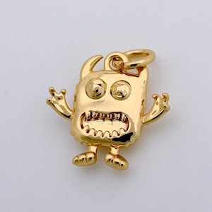 18K Gold Filled Cute Dainty Monster Charm, Robot Pendant Halloween Kids Monster Charm for Necklace Earring Bracelet Component Monster