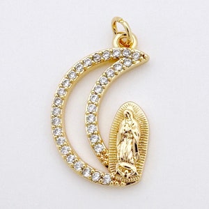Delicado colgante de luna creciente con Virgen María, circonita cúbica transparente, relleno de oro de 16 quilates para crear collares y pulseras de moda.