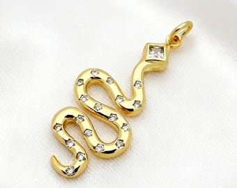 18K Gold Filled Snake Charm - Micro Pave CZ Serpent Pendant for Edgy Animal Jewelry, DIY Necklace Making  Mystical Gift Supply