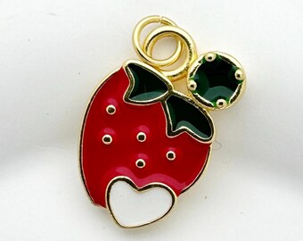 Pingente de morango com esmalte vermelho e ouro 18K, pingente minimalista fofo de fruta, colar, pulseira, descobertas para fazer joias, presente para amantes de frutas vermelhas