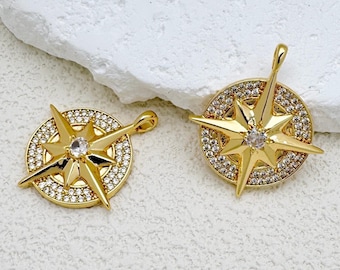 Grande ciondolo a forma di stella polare, ciondolo a stella con zirconi in oro 18 carati, collana celeste con ciondolo a stella rotonda con zirconi micro-incastonati, forniture per la creazione di gioielli fai da te