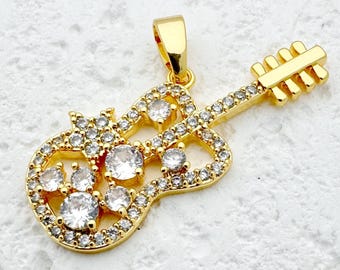 16k Gold Filled Guitar Charm Micro Cz Pave Music Charm Dainty Instrument Guitar Pendant Necklace Bracelet DIY Jewelry Making Supply