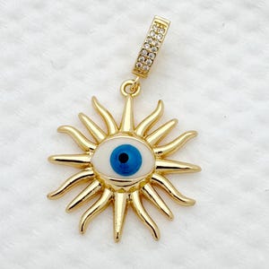 Blue Evil Eye Sun Charm 18K Gold Filled CZ Pave Sunburst Protection Pendant for Minimalist Necklace DIY Jewelry Greek Turkish Gift