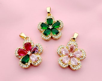 Dije de flor de oro de 18 quilates, dije floral, dije de flor de color rosa y verde para collar, pulsera, pendientes, componente de fabricación de joyas, dije adicional