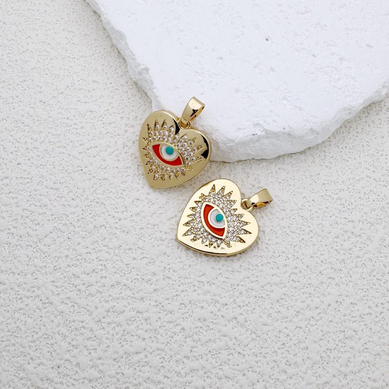 Guldberlock med onda ögonen, 16K guldfylld - Orangeblå CZ-hjärta, amuletthänge för halsband, armband, spirituellt smyckestillverkningsmaterial bild 1