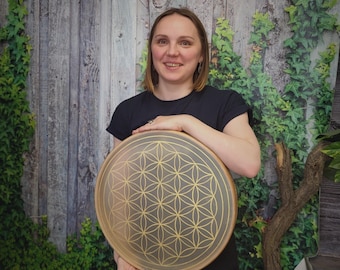 Handcrafted Ocean Drum: Golden Flower of Life Sound Healing Tool (21 inch)