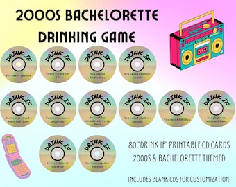 May include: 80 printable "Drink If" CD cards with a 2000s and hen party theme. The cards feature a variety of prompts, such as "You owned platform sandals" and "You've made a mix CD". The image also includes a boombox and a flip phone.