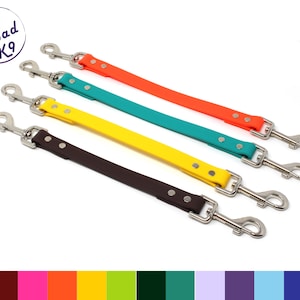 May include: Four dog leashes with silver clips in orange, teal, yellow, and brown. The leashes are all the same length and have a single snap on each end. The leashes are arranged in a staggered pattern with the orange leash on top and the brown leash on the bottom.