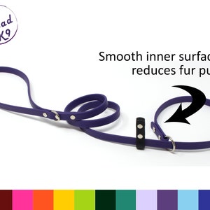 May include: Purple rubber dog leash with a silver ring and a black strap. The leash is smooth on the inside to reduce fur pull. "Off Road K9" is written in a circle on the top left corner of the image. A row of colored swatches is at the bottom of the image.