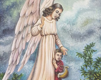 Vintage 1996 "Angel & Child" Belarussian Oil Painting on Canvas in Wooden Frame with Gold Foil Border
