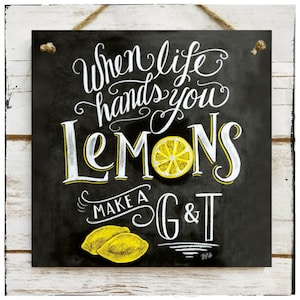 Wall hanging decoupage plaque/picture When Life Hands You Lemons Make a G & T Funny quote Drink Gin and Tonic Home Kitchen decor