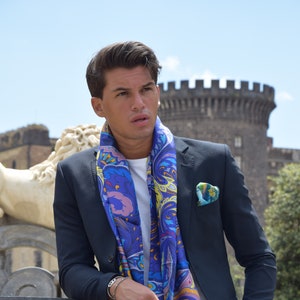 Viola Elegance: Handcrafted Italian Silk Scarf with Paisley Embellishments