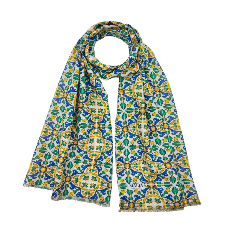 Amalfi Elegance: Hand-Edged White Cotton and Silk Scarf with Amalfi Maiolica image 4