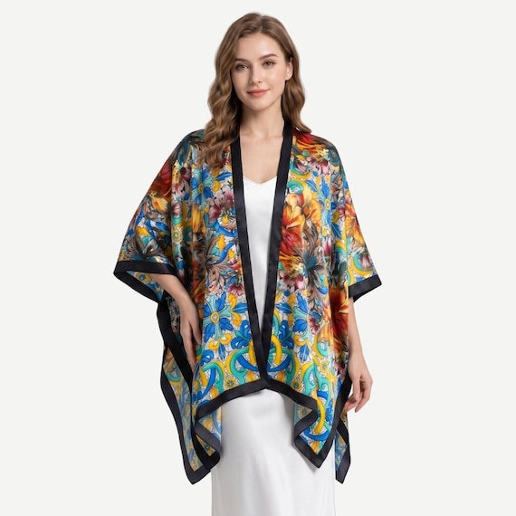 Italian Silk Kimono Jacket, Majolica Floral Print, Luxury Handmade Gift for Her, Japanese Style Wrap, Made in Italy