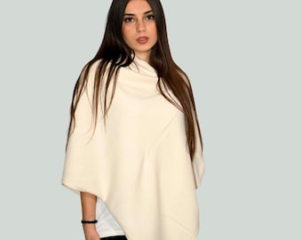 Wrap Yourself in Italian Elegance: Cream-Colored Wool and Cashmere Women's Poncho, Made in Italy