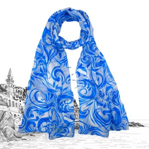Silk Scarf Amalfi Coast White and Blue – Majolica Tile Print, Hand-Rolled, Made in Italy Foulard