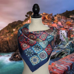Foulard Amalfi Coast painting in Italy | 100% Pure Silk - square silk scarf - Italian Gift