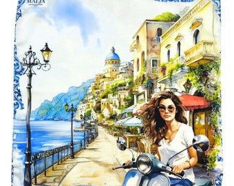 May include: A watercolor painting of a woman riding a scooter in a colorful Italian town. The woman is wearing sunglasses and a white t-shirt. The town is on a cliff overlooking the ocean. The painting has a blue and white border.