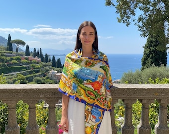 Ravello sidenhalsduk, handillustrerad Amalfikustdesign, lyxig italiensk sidentwillsjal, present till henne, handrullade kanter, tillverkad i Italien