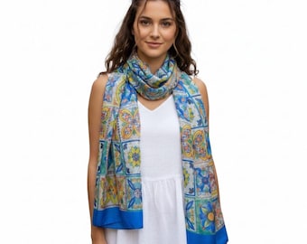 Majolica sidenscarf extra lång, Amalfikusten italiensk chiffongsjal, överdimensionerad sjal, lyxgåva till henne och honom, tillverkad i Italien, 28 x 71 tum